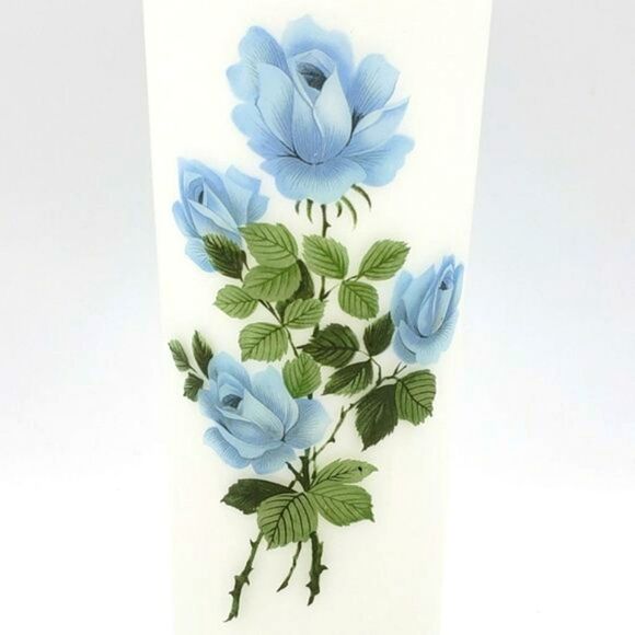 Enesco Vintage Satin White Frosted Blue Rose Flowers Gold Trim Art Glass Vase - Picture 2 of 10